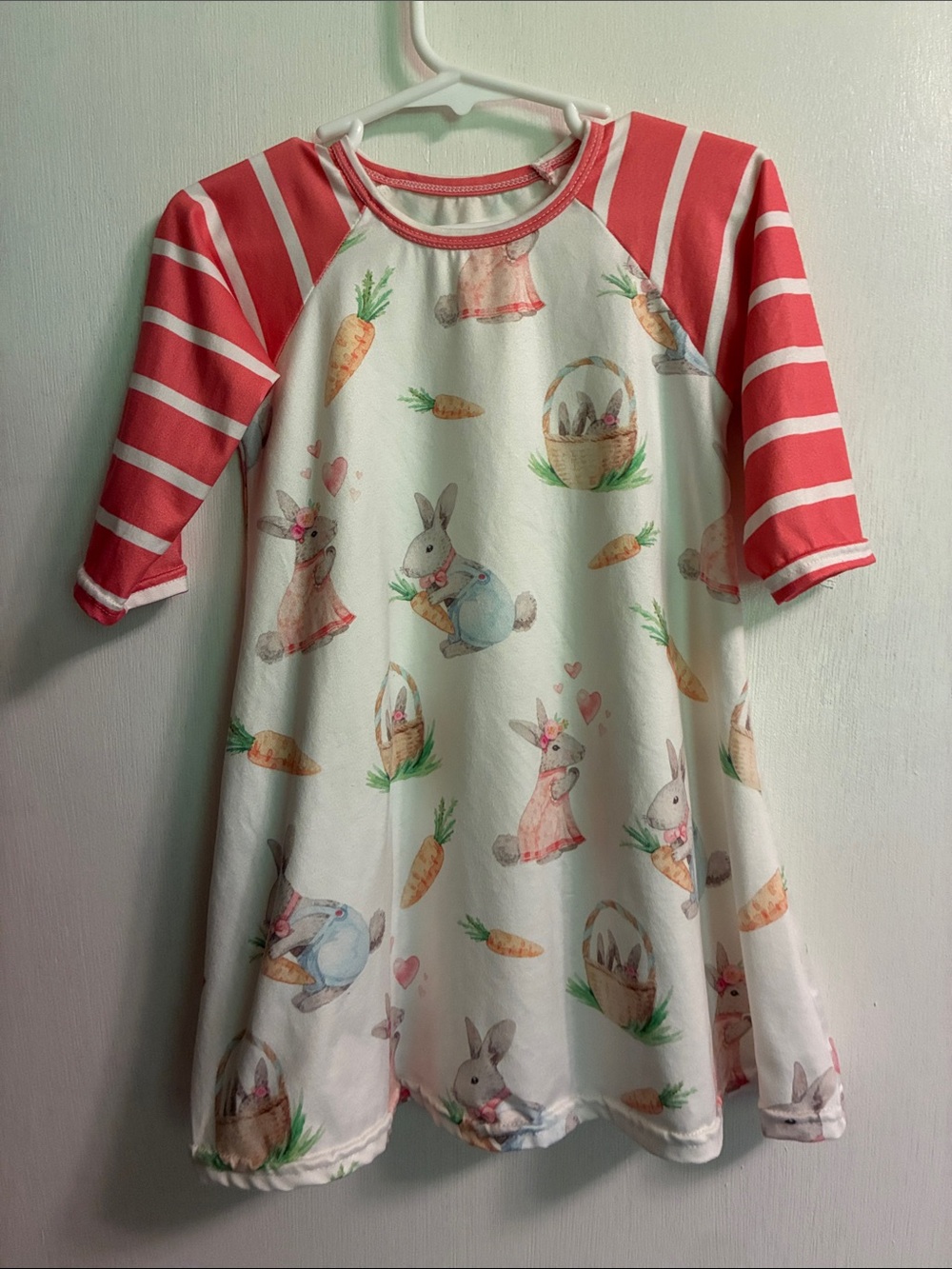 Girls Bunny & Carrot Raglan Dress - Pink Stripes
